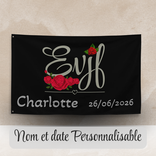 drapeau evjf personnalise noir avec prenom charlotte et date motif floral roses rouges