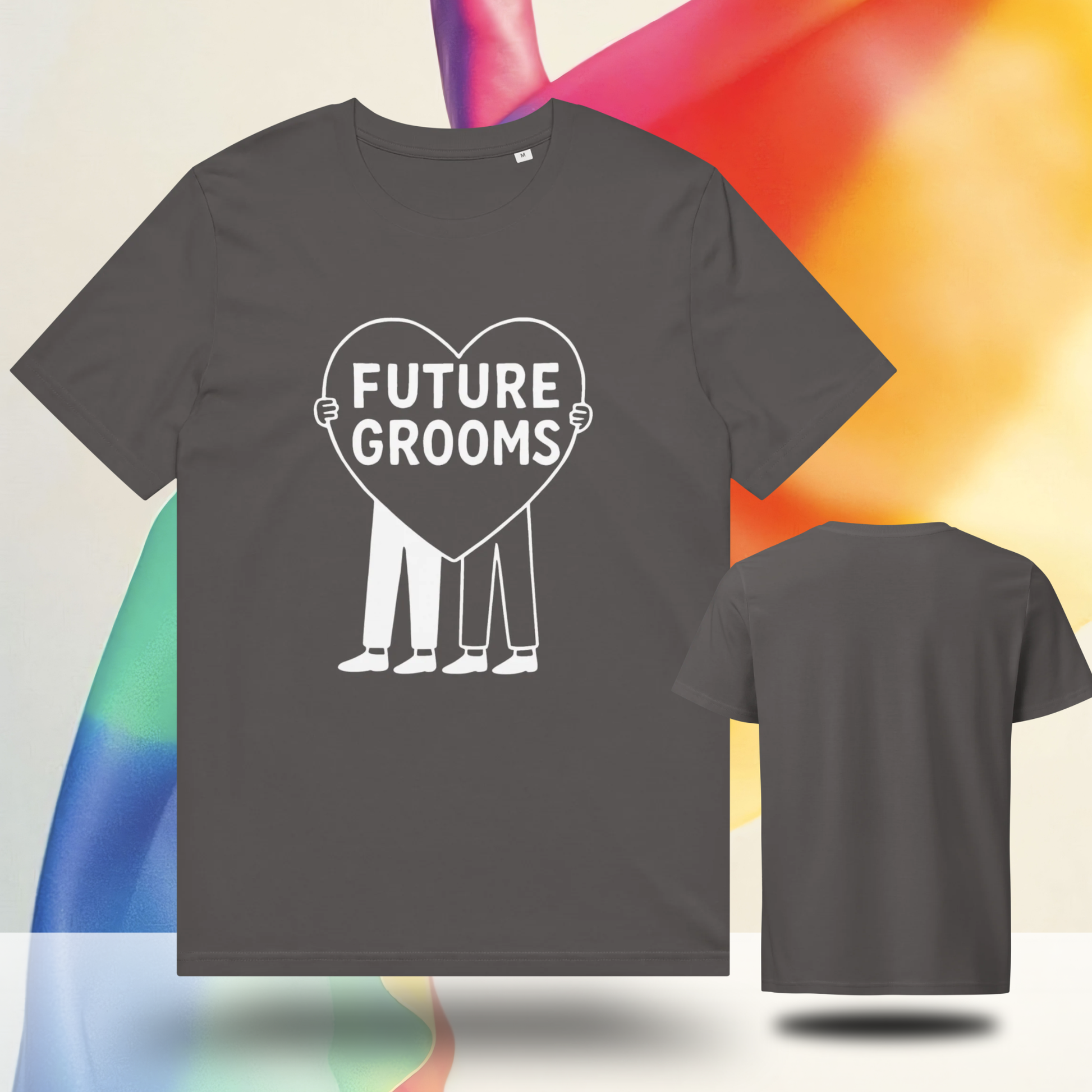 Grey future grooms t-shirt model shown with front and back views on an artistic background