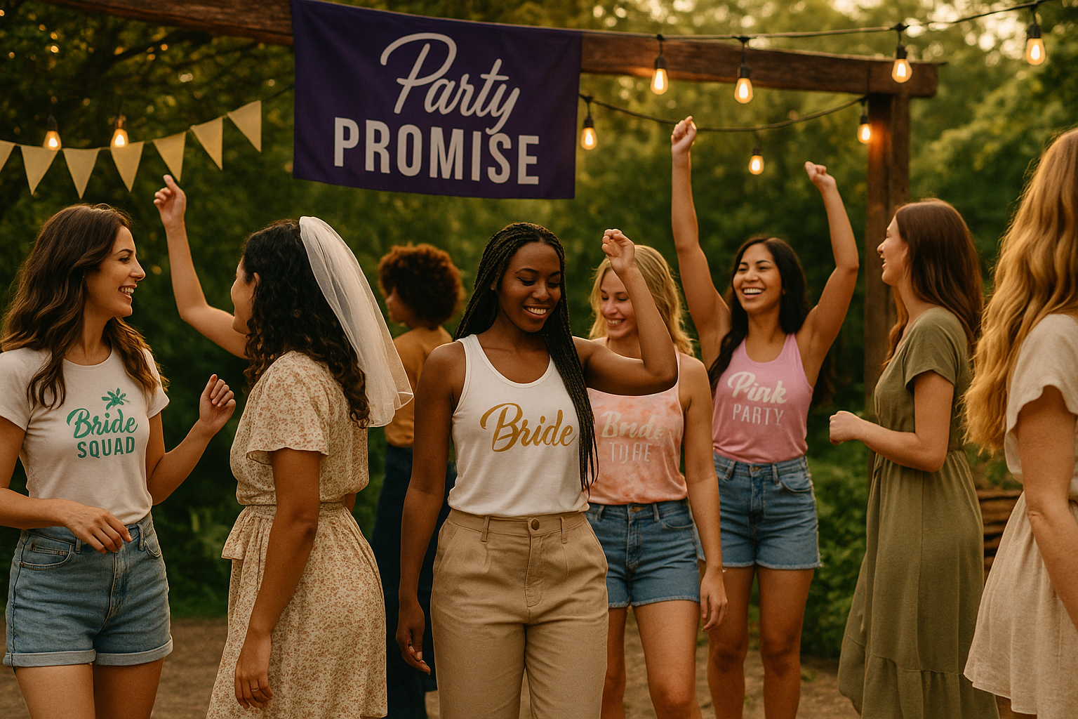 groupe de femme dans une terrasse faiant la fete de l'enterement de vie de jeune fille avec les vetement imprimes de party promise