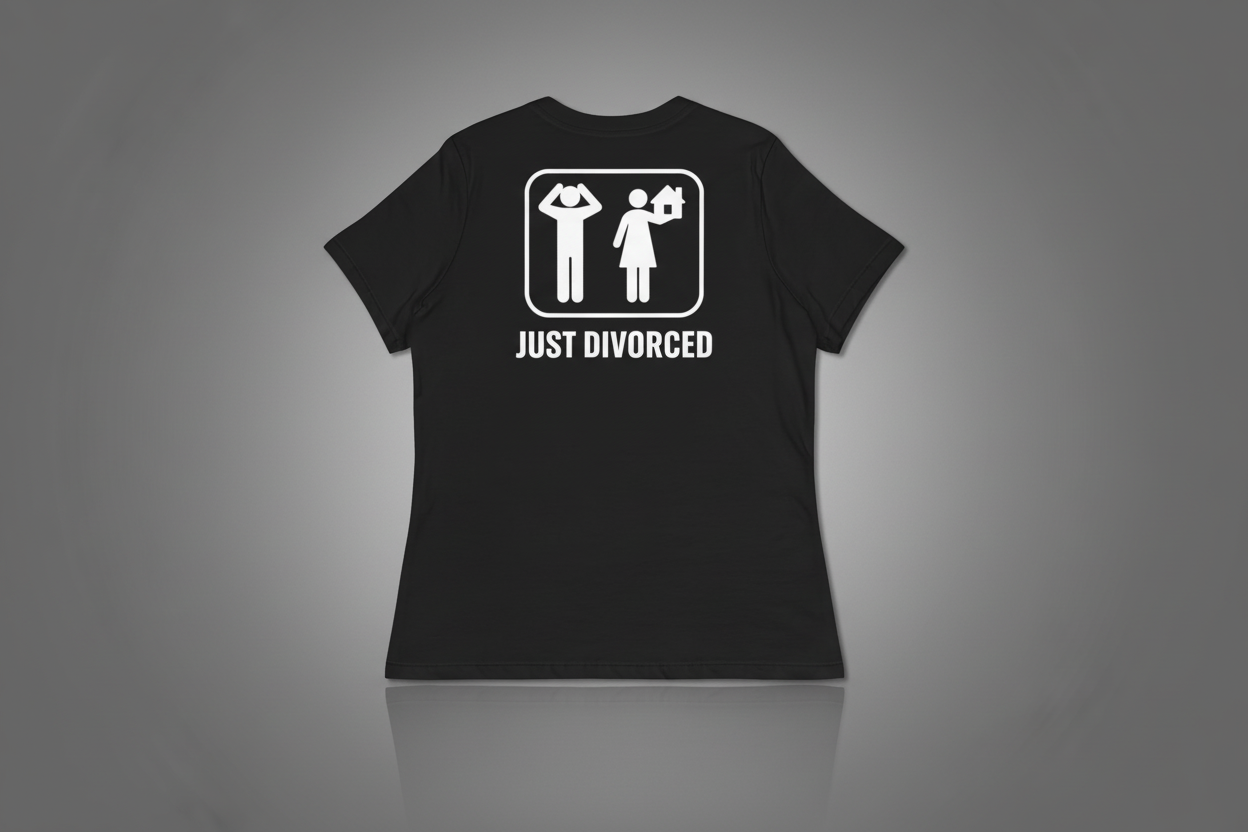 Vue arrière du t-shirt noir femme “Just Divorced” avec impression blanche dans le dos.