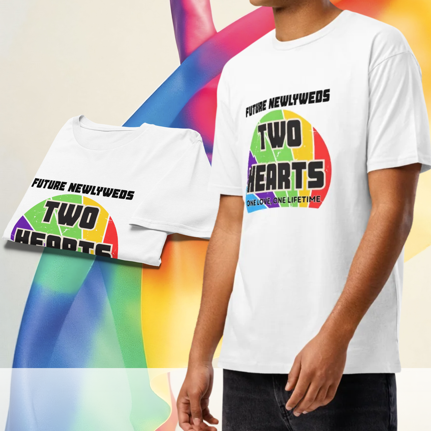 Close up of a man wearing a white premium t-shirt with the slogan two hearts one love and a rainbow design