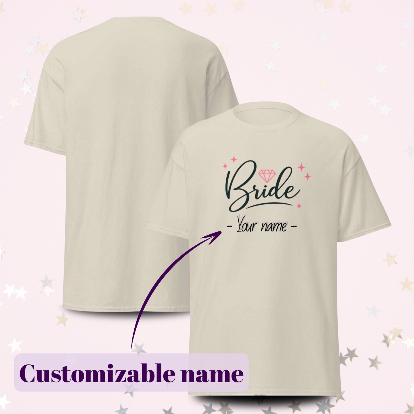 Customizable natural t-shirt for a bachelorette party with the bride's name