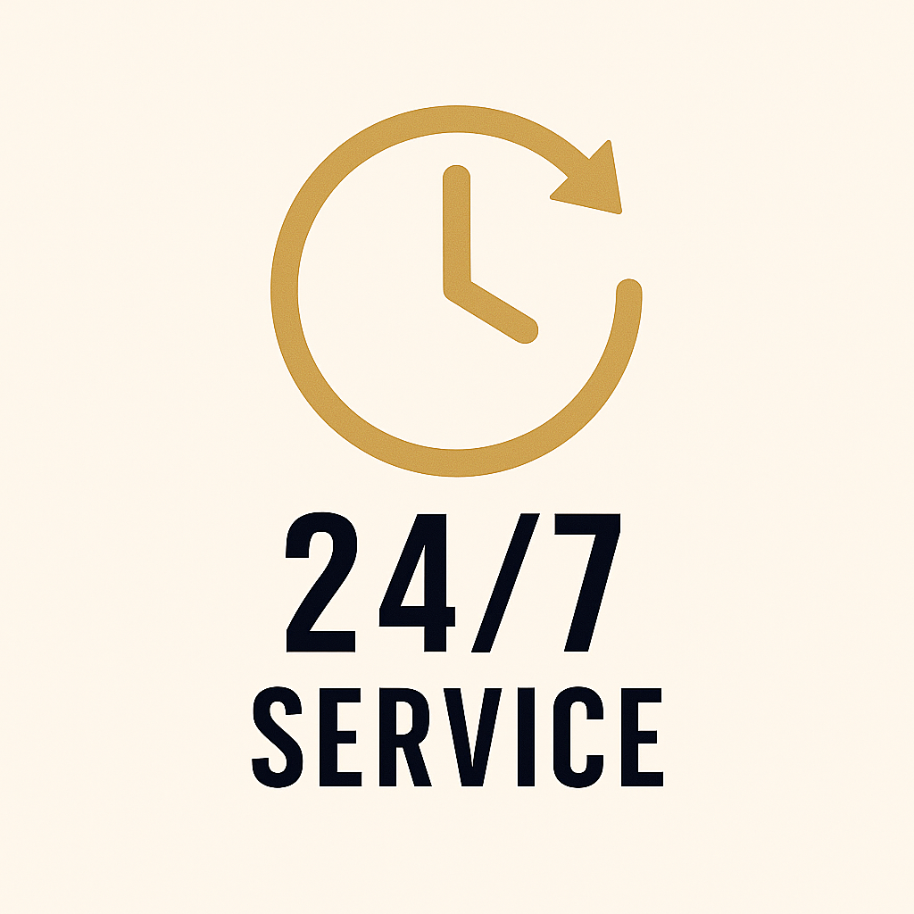24/7 Service icon with a minimalist clock symbol, representing around-the-clock availability for Party Promise customers.