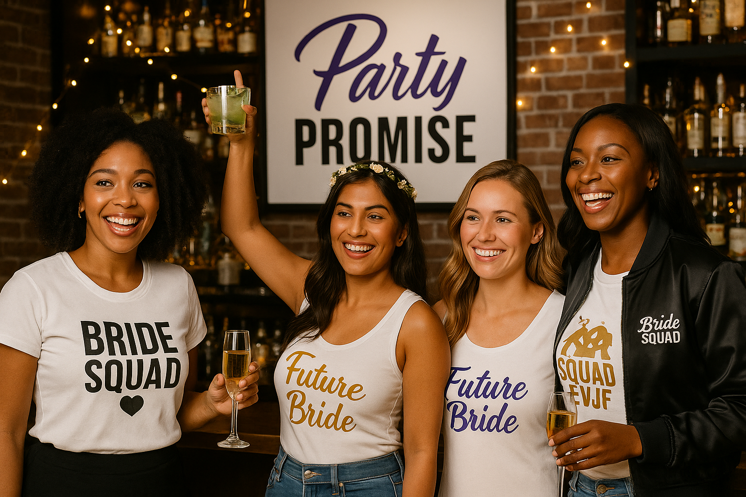 Four diverse women celebrating in a bar, wearing Party Promise custom outfits (T-shirt, tank top, dress, bomber jacket) with French and English EVJF designs, and the Party Promise logo displayed in the background.