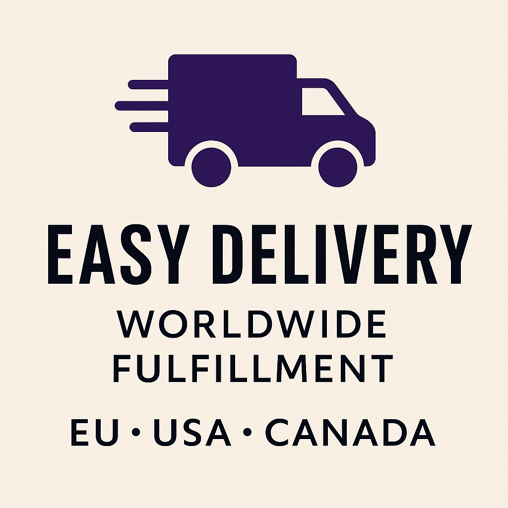 Easy Delivery icon with a stylized globe, representing worldwide fulfillment from Europe, the US, and Canada.