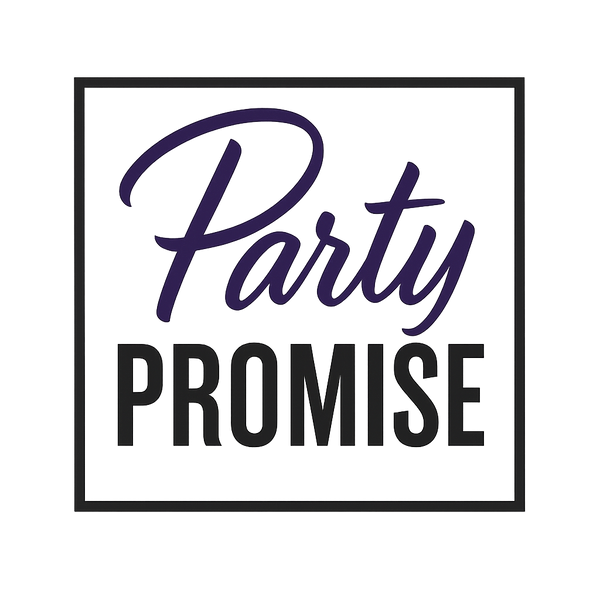 Party Promise logo in violet and black, representing the brand’s minimal chic identity.