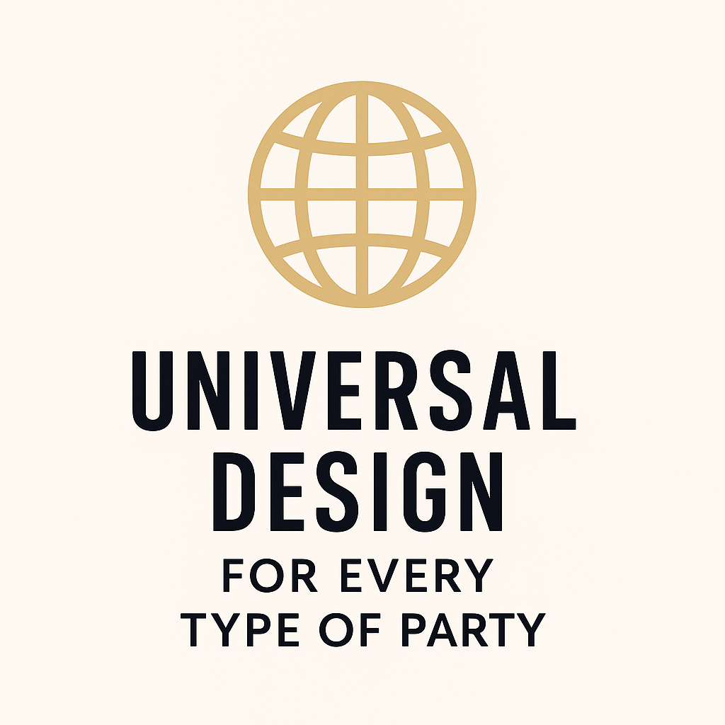 Universal Design icon with a beige stylized globe, representing that Party Promise creates products for every type of celebration.