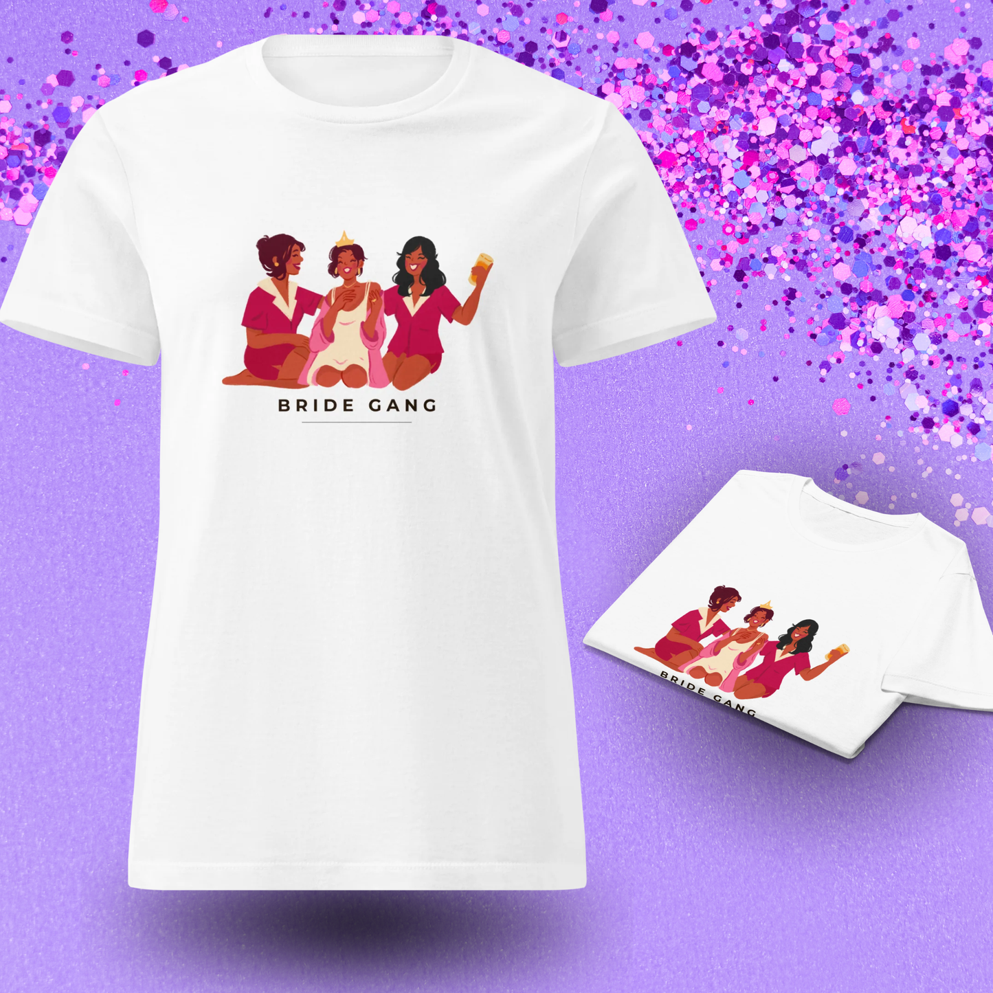 T-shirt blanc bride gang pour la team mariee presente avec des confettis et une vue du vetement plie