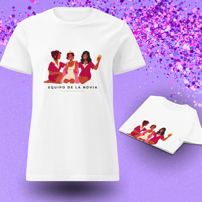 Modelo de camiseta blanca equipo de la novia para despedida de soltera con decoracion de confeti brillante