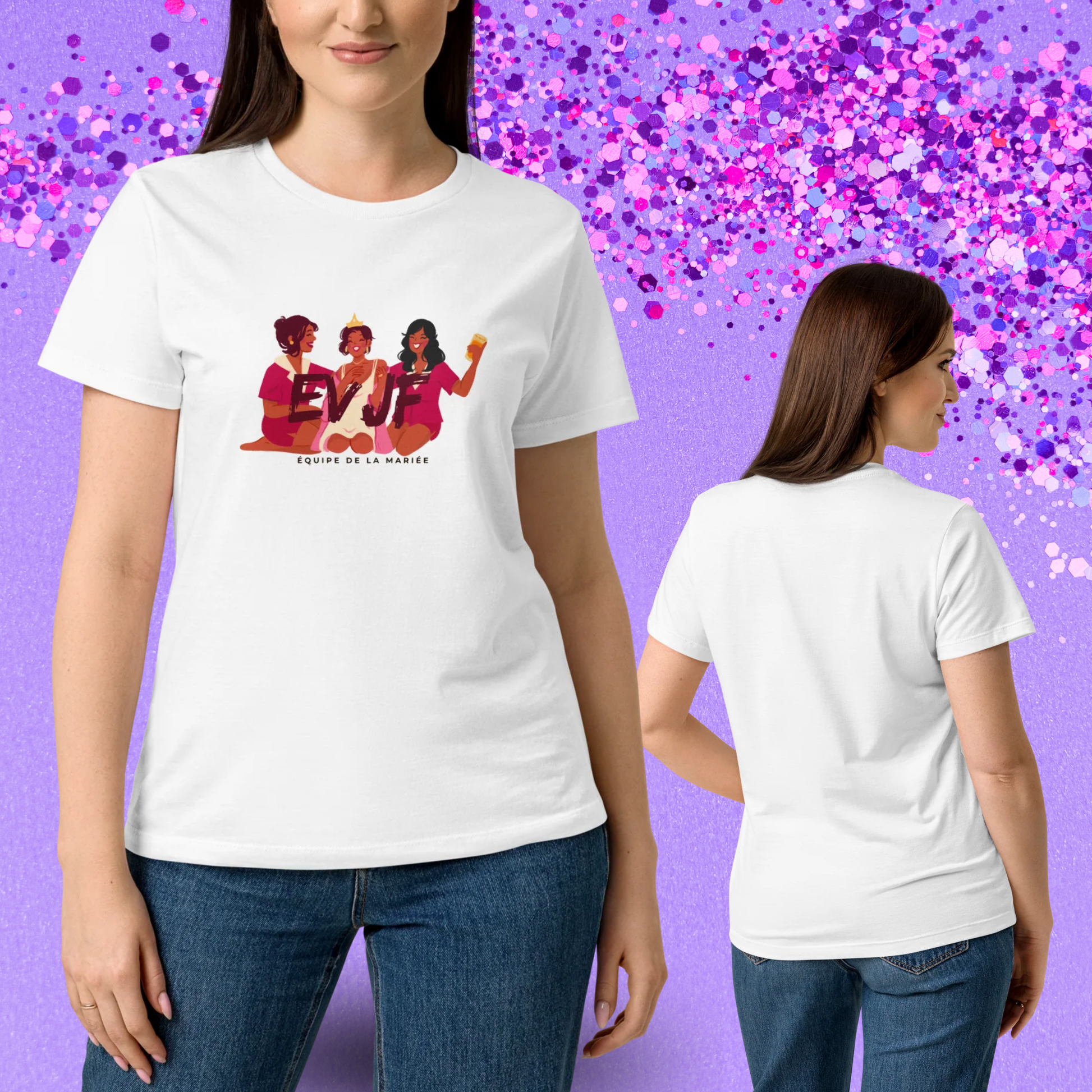 Double vue de face et de dos d un t-shirt blanc personnalise pour l equipe de la mariee lors d un evjf