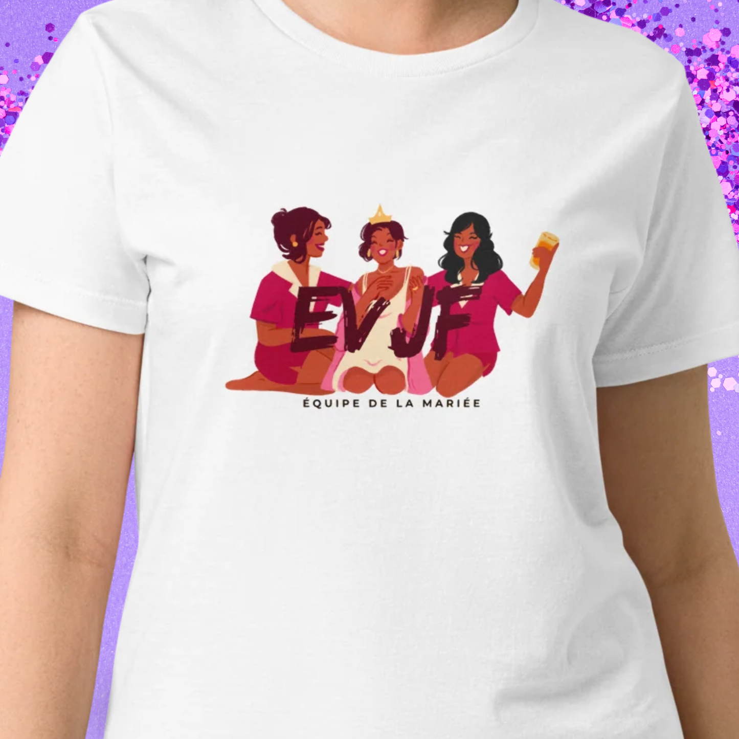 Gros plan sur l impression evjf equipe de la mariee sur un t-shirt blanc pour femme avec illustration festive