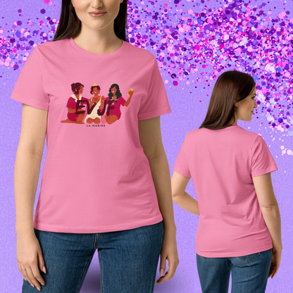 Presentation d un t-shirt blanc evjf porte de face avec logo et de dos pour montrer la coupe