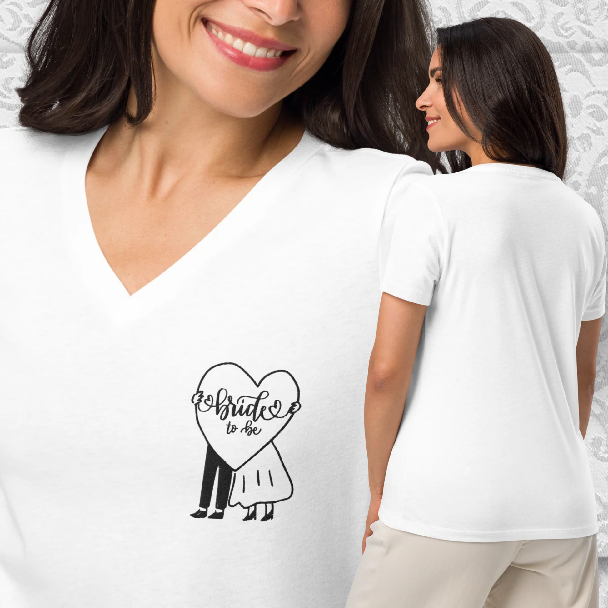 Double vue de face et de dos d un t-shirt col V bride to be porte montrant la coupe et le design brode