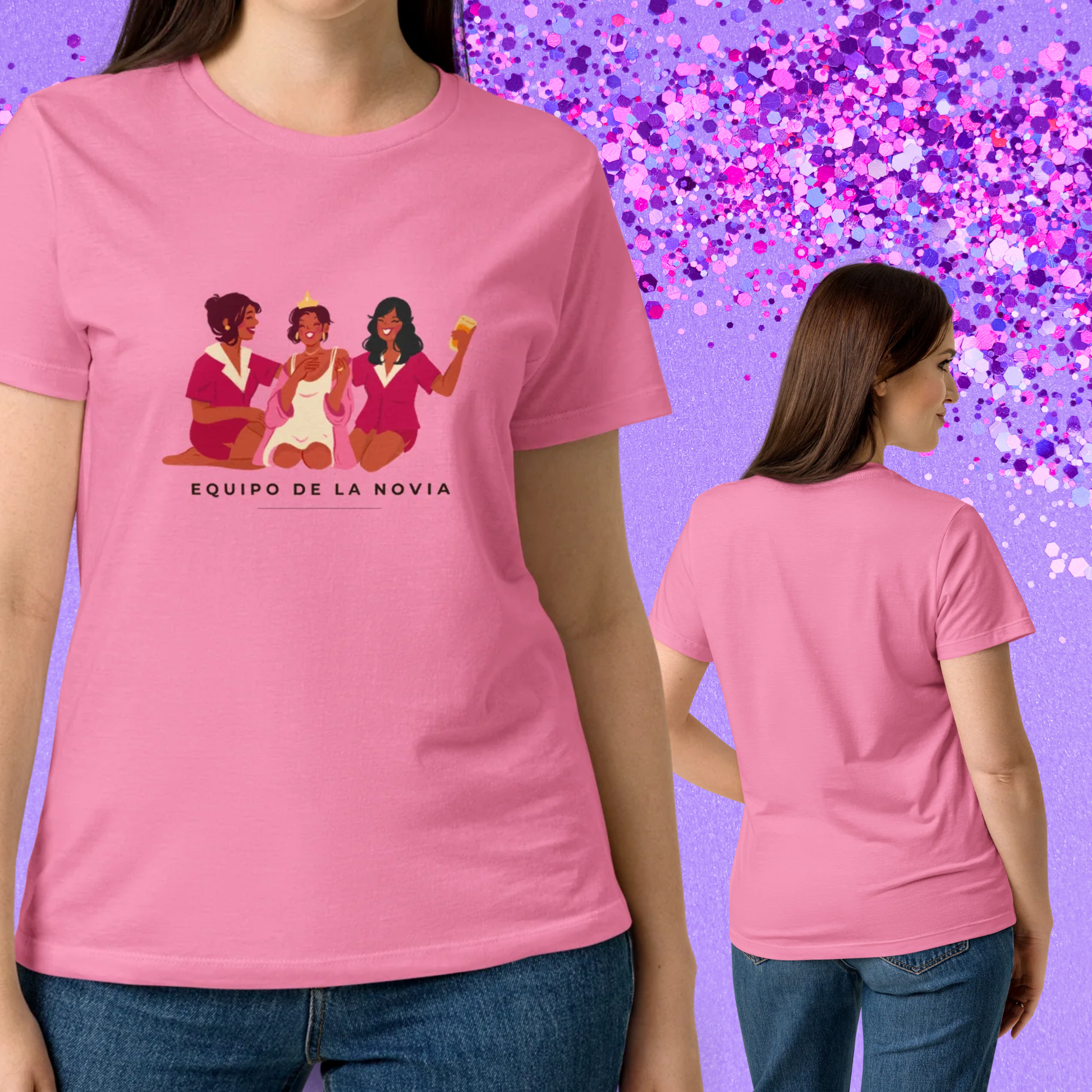 Presentacion de la camiseta rosa equipo de la novia vista de frente y de espalda para look de grupo