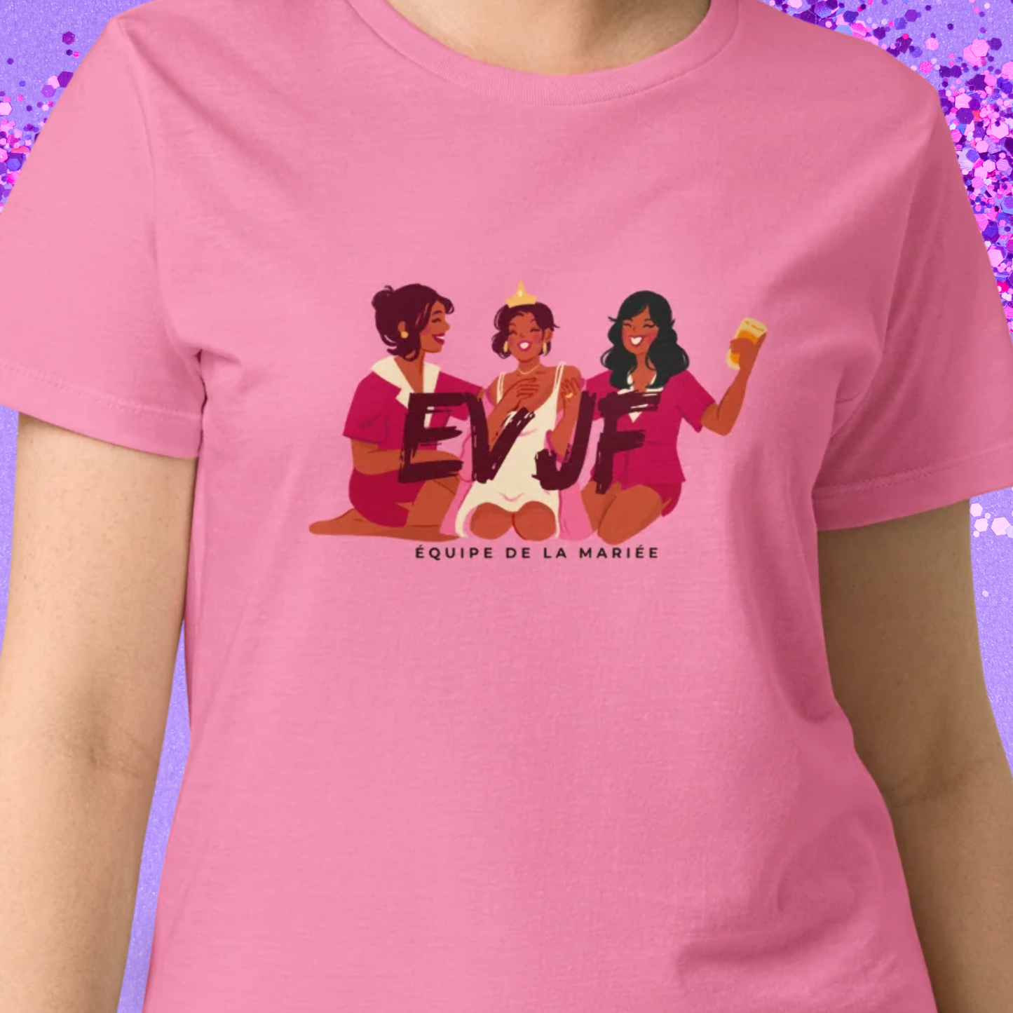 Detail du visuel equipe de la mariee imprime sur un t-shirt rose en coton doux pour enterrement de vie de jeune fille