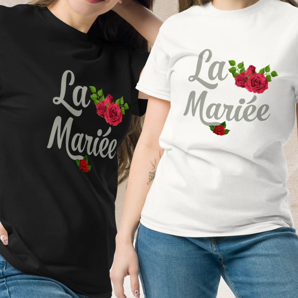 t shirt la mariee evjf femme noir et blanc avec motif fleur rose cadeau future mariee tenue team bride