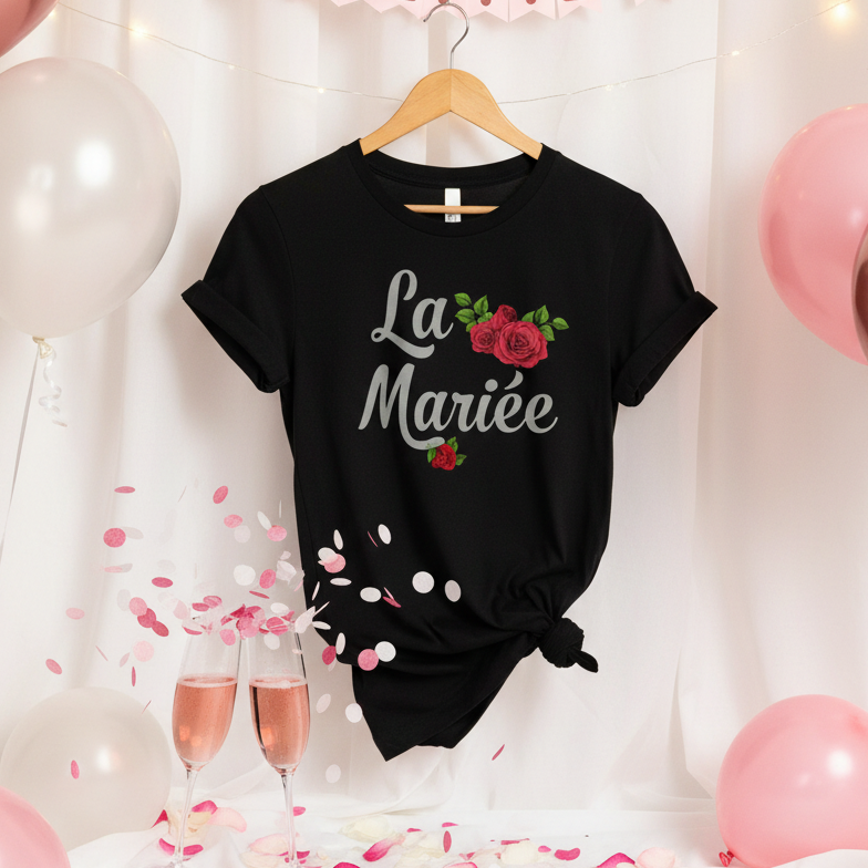 t shirt noir la mariee evjf femme avec fleur rose design chic cadeau future mariee