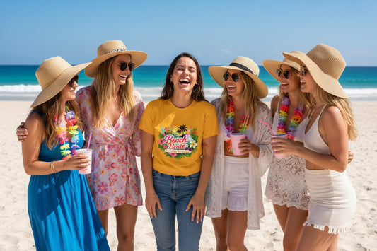 groupe de femme pour un EVJF avec pour la mariée un tee shirt Beach Bride jaune