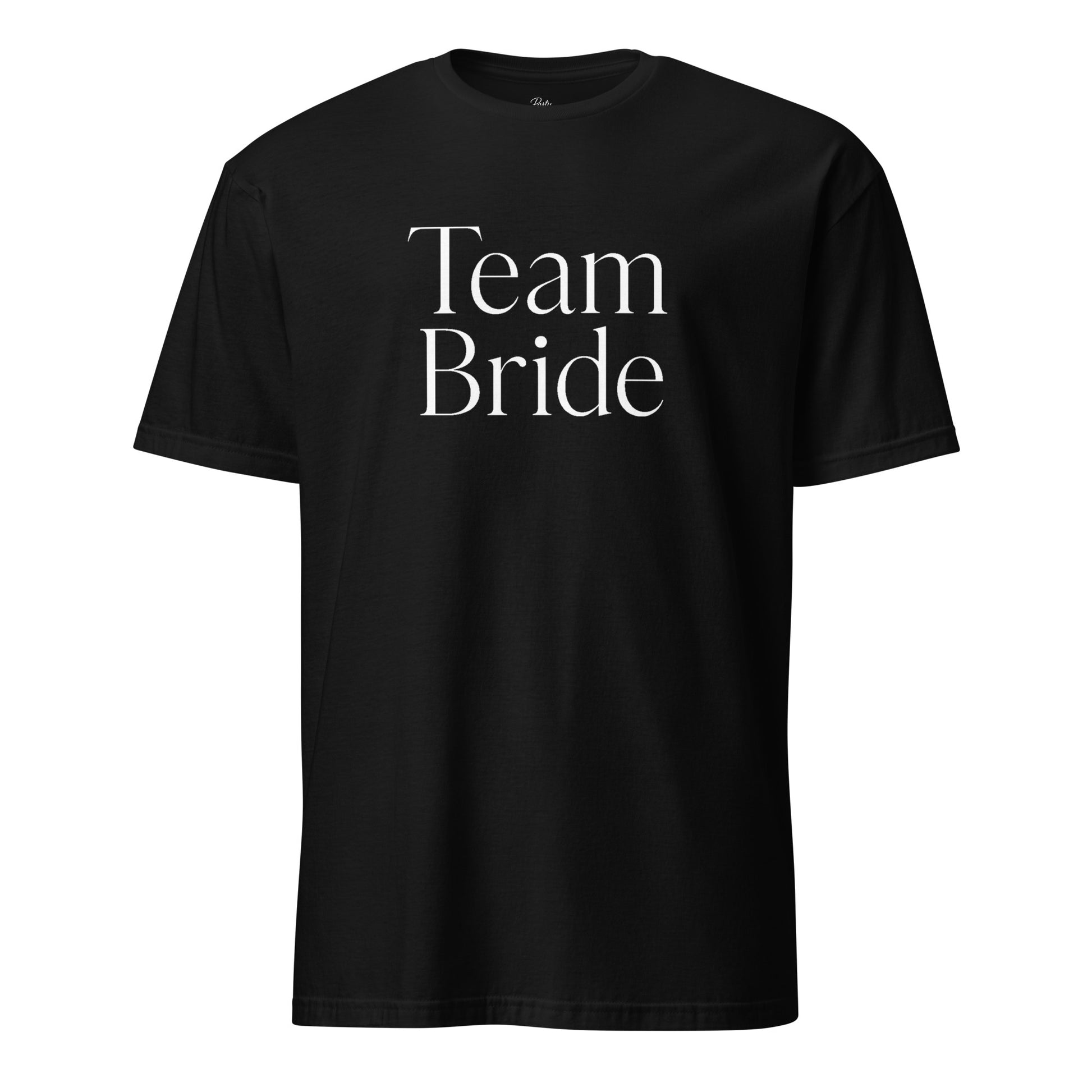 Black Team Bride t-shirt with white logo, front view on neutral background.