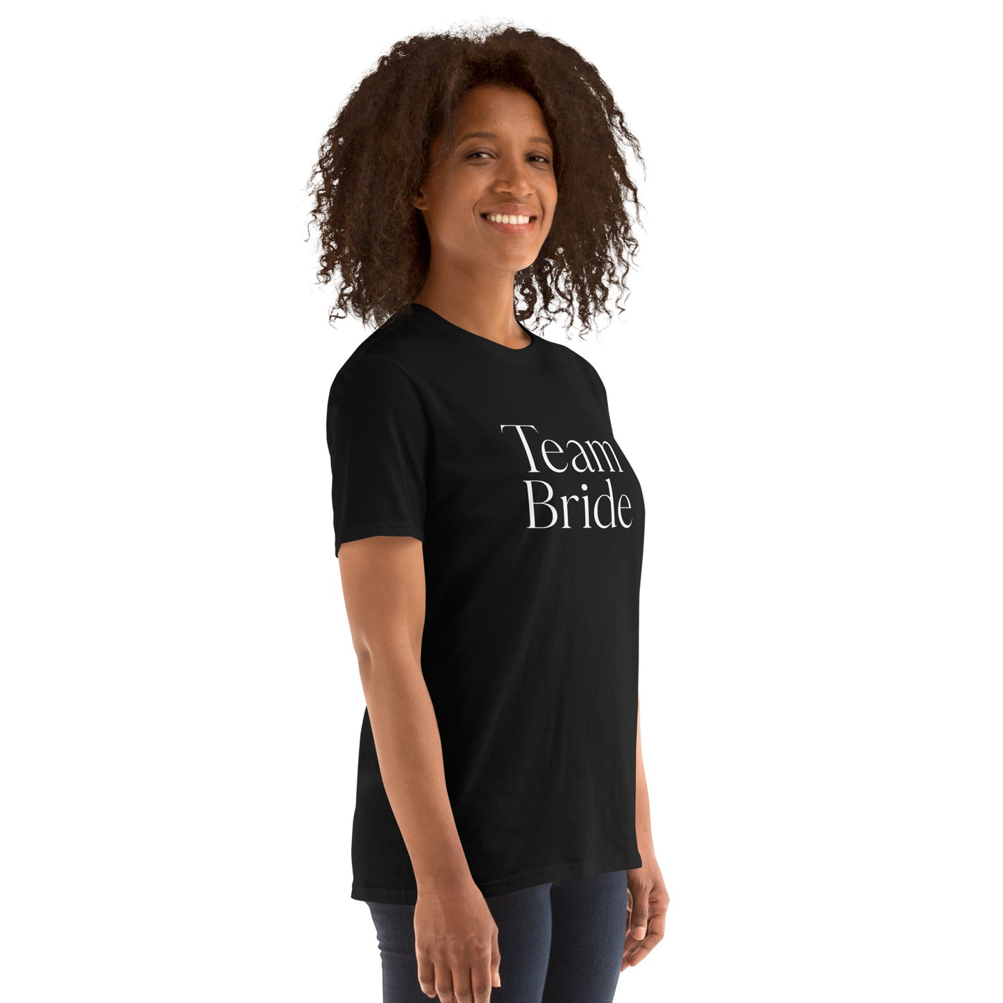T-shirt noir pour EVJF avec motif Team Bride blanc, coupe moderne femme.