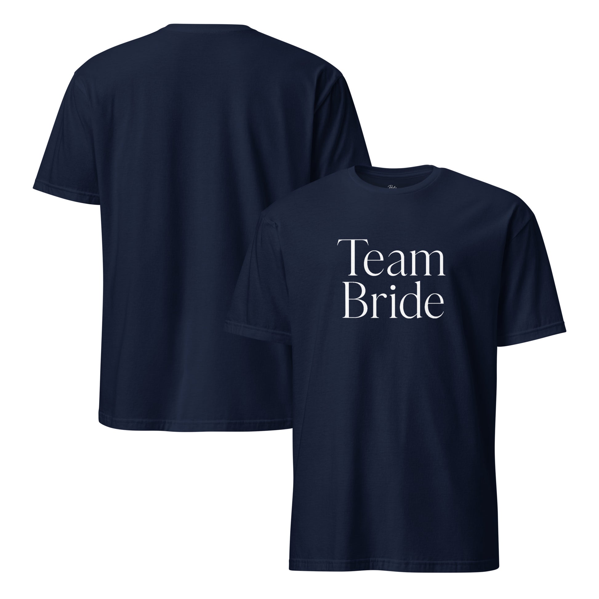 Navy Team Bride t-shirt with white logo, front view.