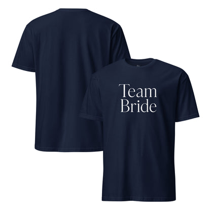 Navy Team Bride t-shirt with white logo, front view.