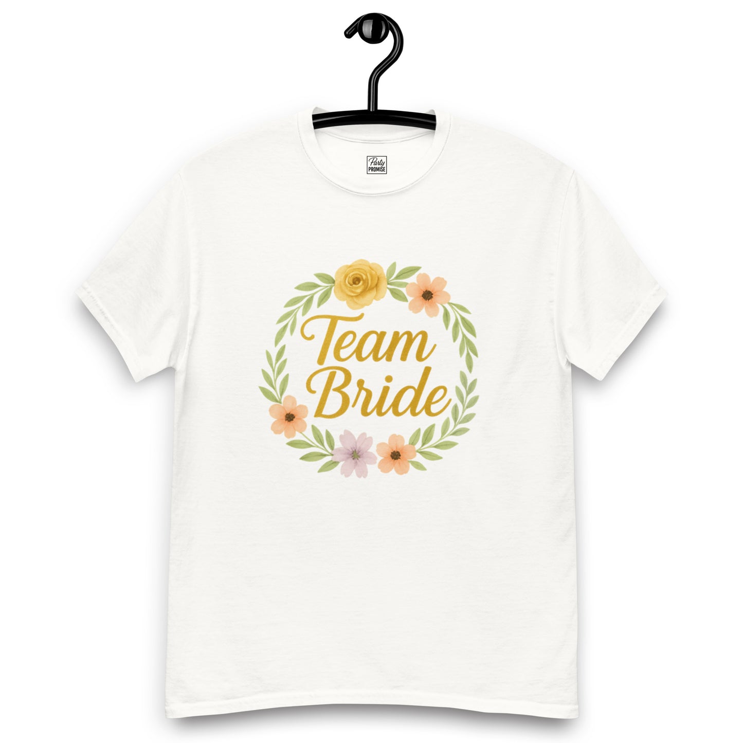 Model wearing the white Team Bride Boho Chic t-shirt paired with a flowy skirt. The soft cotton fabric and modern cut create a relaxed yet elegant bridal-party outfit.