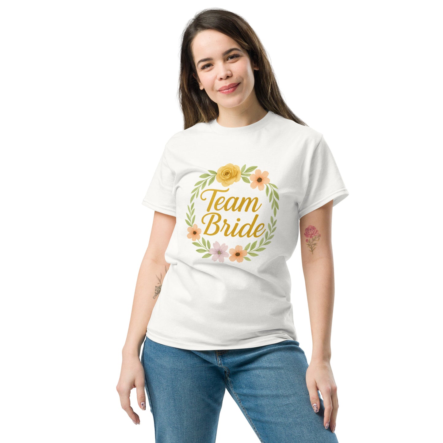 Close-up shot of the white Boho Chic Team Bride t-shirt featuring elegant black lettering. The stitching and fabric details emphasize its premium quality.
