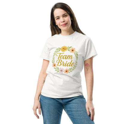 Close-up shot of the white Boho Chic Team Bride t-shirt featuring elegant black lettering. The stitching and fabric details emphasize its premium quality.
