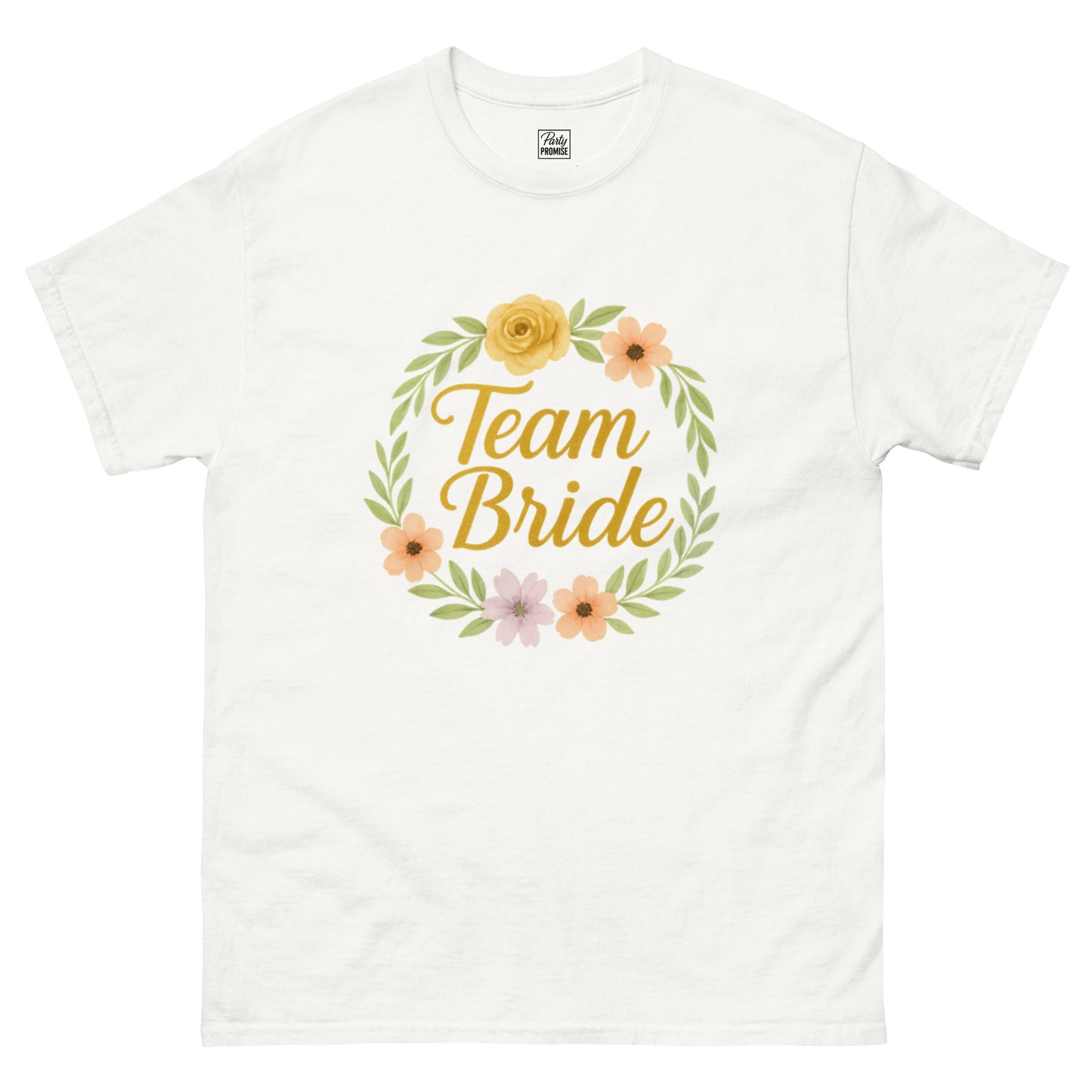 A white “Team Bride” Boho Chic t-shirt displayed on a neutral background, highlighting its soft cotton texture and clean, structured fit.