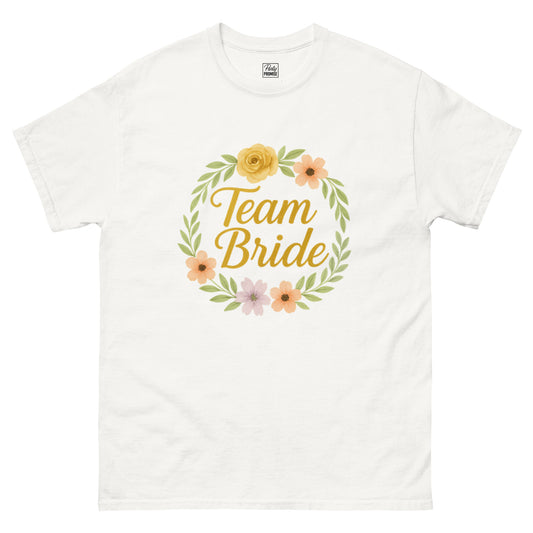 A white “Team Bride” Boho Chic t-shirt displayed on a neutral background, highlighting its soft cotton texture and clean, structured fit.