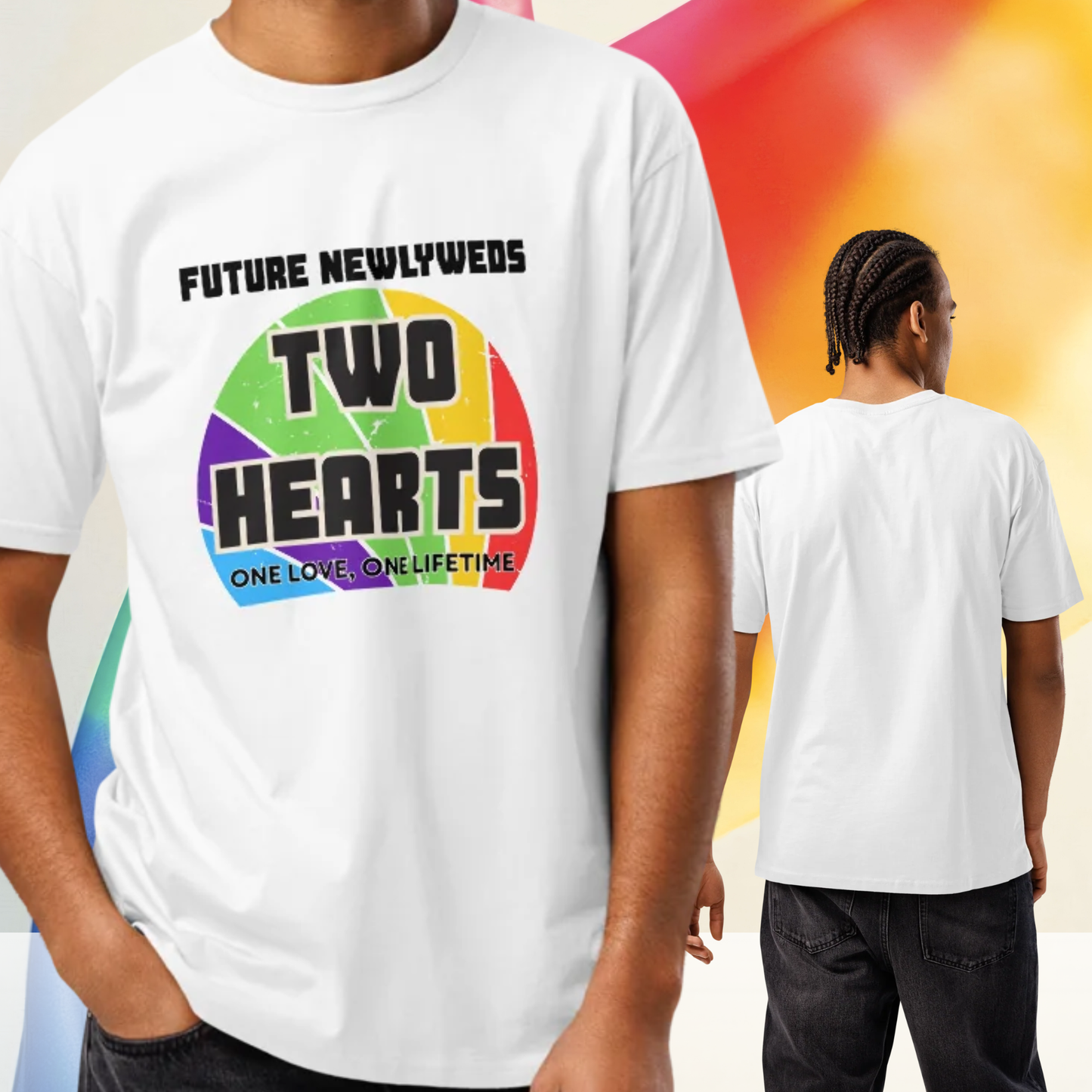 Flat lay of a white v-neck t-shirt with a minimalist black embroidery of a bride in a heart