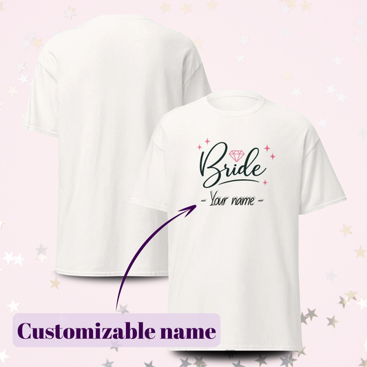 Customizable white t-shirt with name of bride for a bachelorette party with the bride's name