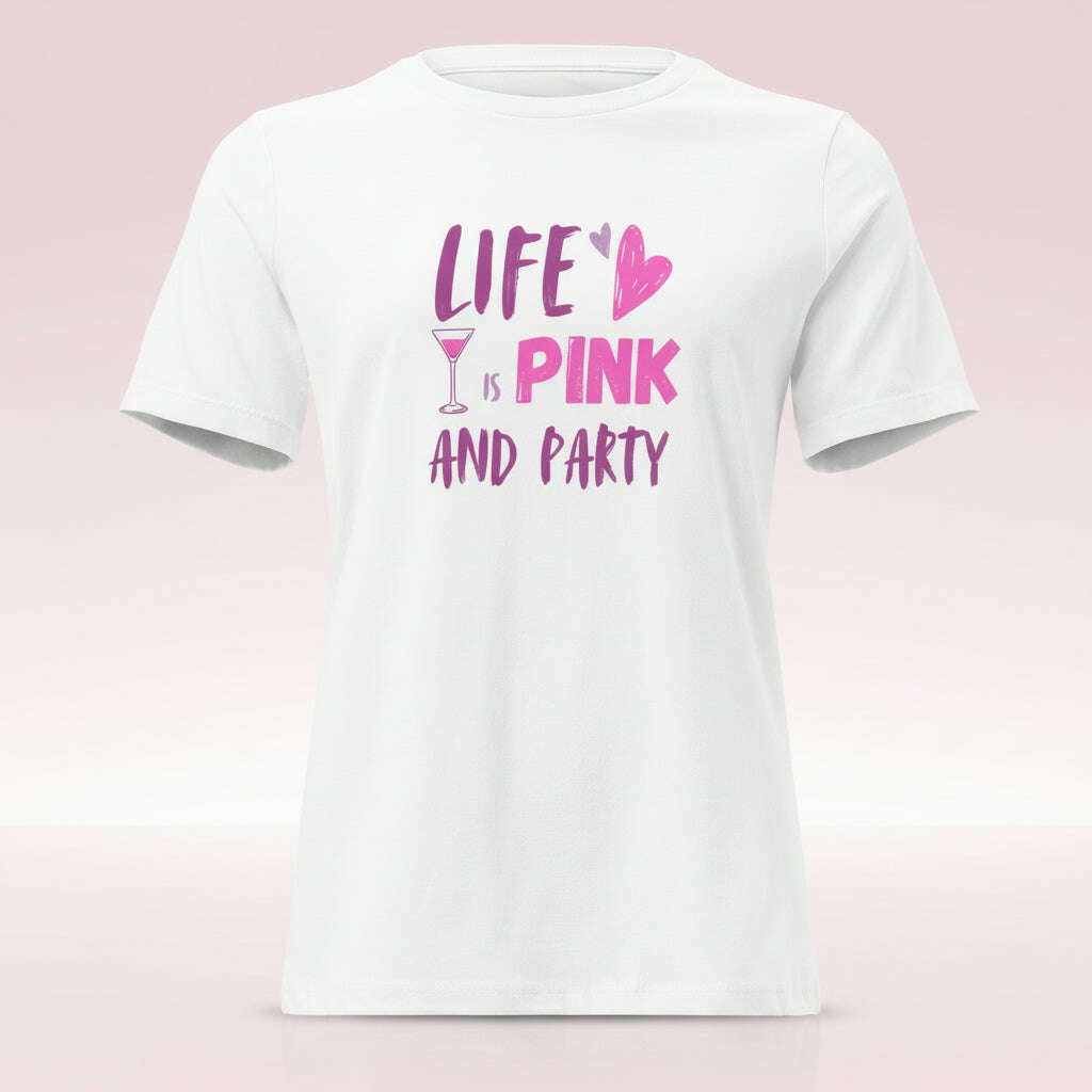 t-shirt-“life-is-pink-party”-–-blanc-rose-–-coupe-décontractée-slogan-roseviolett-shirt-femmeparty-promise-35032469