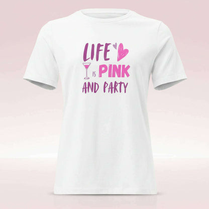 t-shirt-“life-is-pink-party”-–-blanc-rose-–-coupe-décontractée-slogan-roseviolett-shirt-femmeparty-promise-35032469