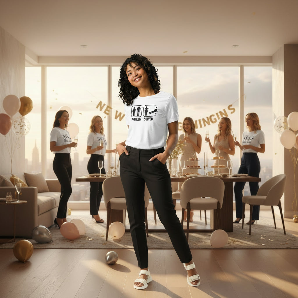 T-shirt femme blanc “Problem Solved” porté par mannequin, coupe décontractée et style moderne.