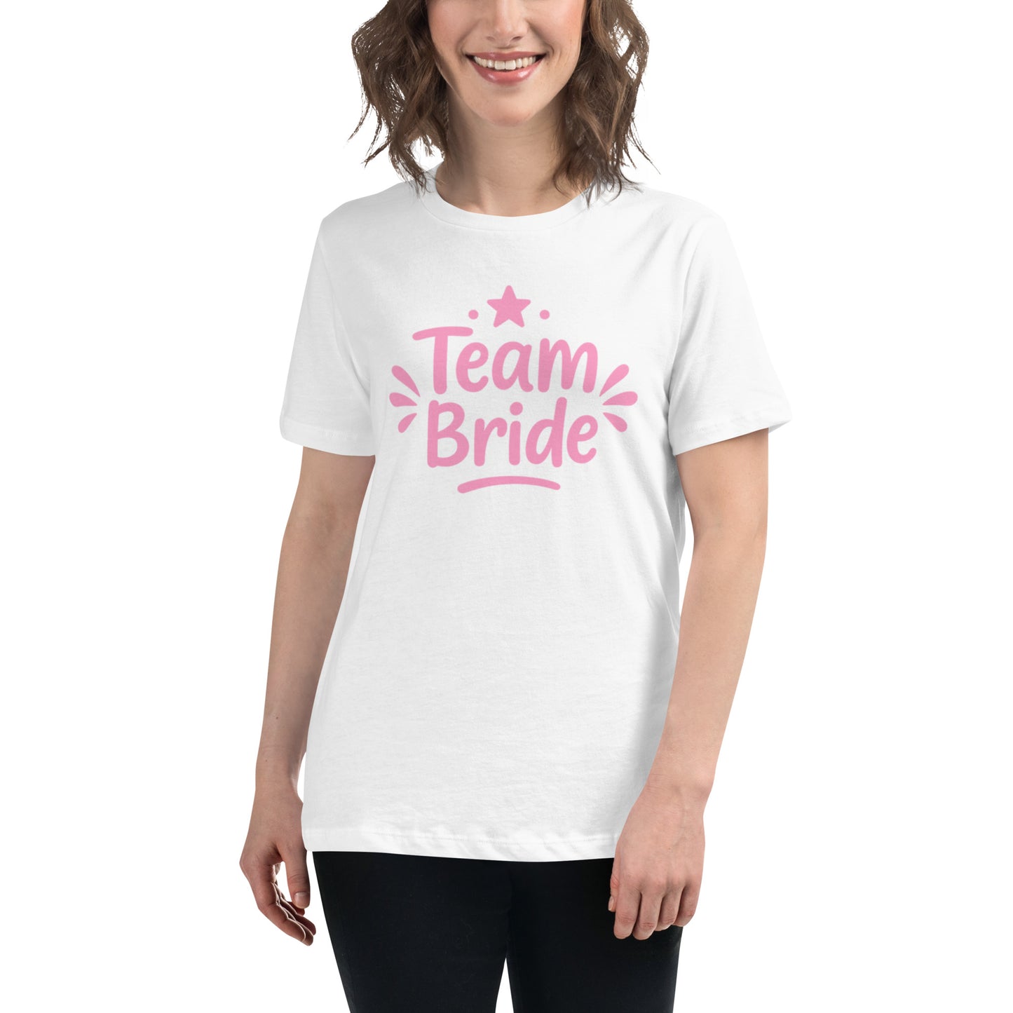 Model wearing the white “Team Bride” t-shirt with pink lettering on a clean white background. The bright print and soft cotton create a fresh Pink Party look.