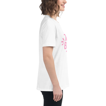 Model wearing the white and pink Team Bride t-shirt paired with casual jeans. The feminine pink print and simple design make it perfect for bachelorette outfits.